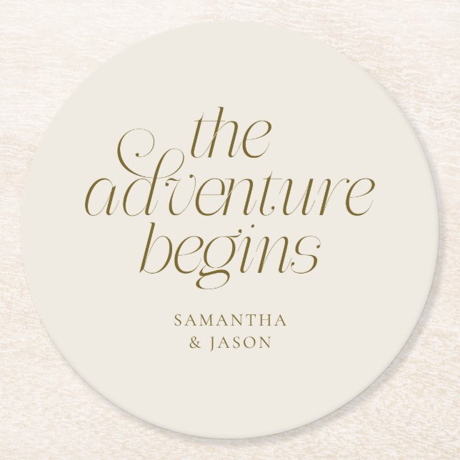 The Adventure Begins Beige Wedding Round Paper Coaster (Front)