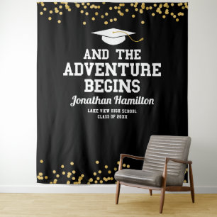 The Adventure Begins Black Grad Party Backdrop Tapestry