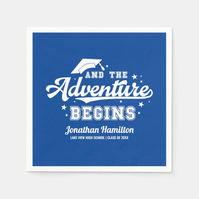 The Adventure Begins Blue Graduation Party  Napkin (Front)