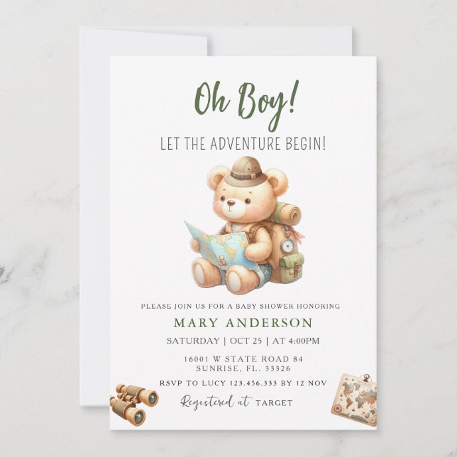 The Adventure Begins Cute Bear Summer Baby Shower  Invitation (Front)