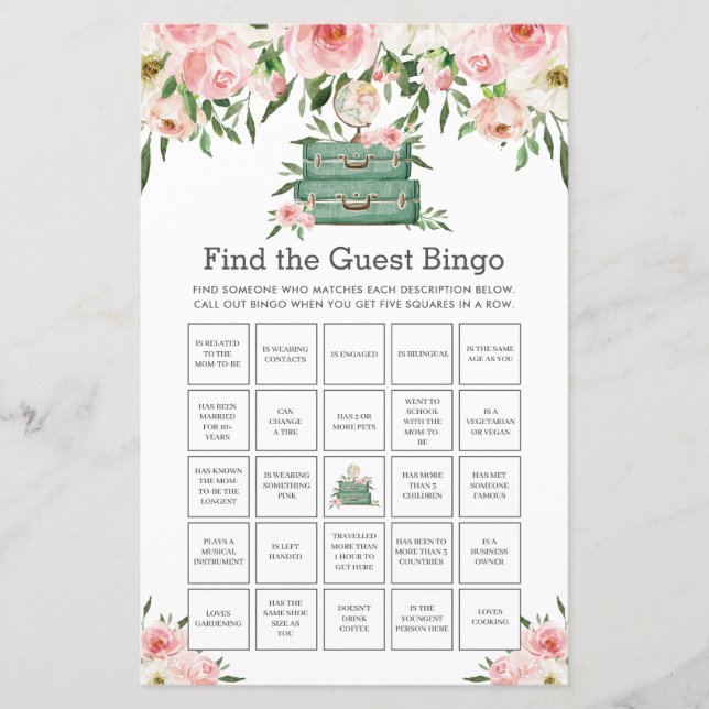 The Adventure Begins Floral Find the Guest Bingo (Front)
