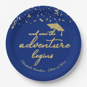 The Adventure Begins Gold Foil Blue Grad Party  Paper Plate