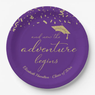 The Adventure Begins Gold Foil Graduation Party Paper Plate