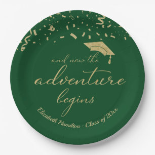 The Adventure Begins Gold Foil Green Grad Party Paper Plate