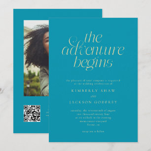 The Adventure Begins Minimal Aqua Blue Wedding  Invitation