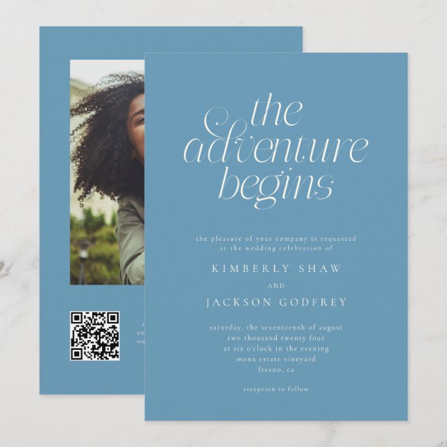 The Adventure Begins Minimal Denim Blue Wedding  Invitation (Front/Back)
