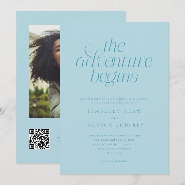 The Adventure Begins Minimal Turquoise Wedding  Invitation (Front/Back)