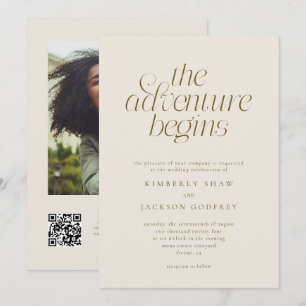 The Adventure Begins Minimalist Cream Wedding Invitation