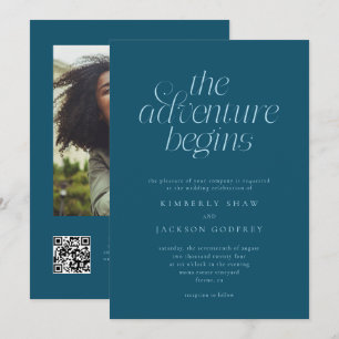 The Adventure Begins Minimalist Teal Wedding  Invitation