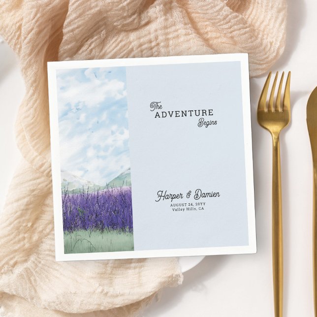 The Adventure Begins Mountain Lavender Wedding Napkin (Cocktail Napkins from my Mountain Lavender Wedding Collection)