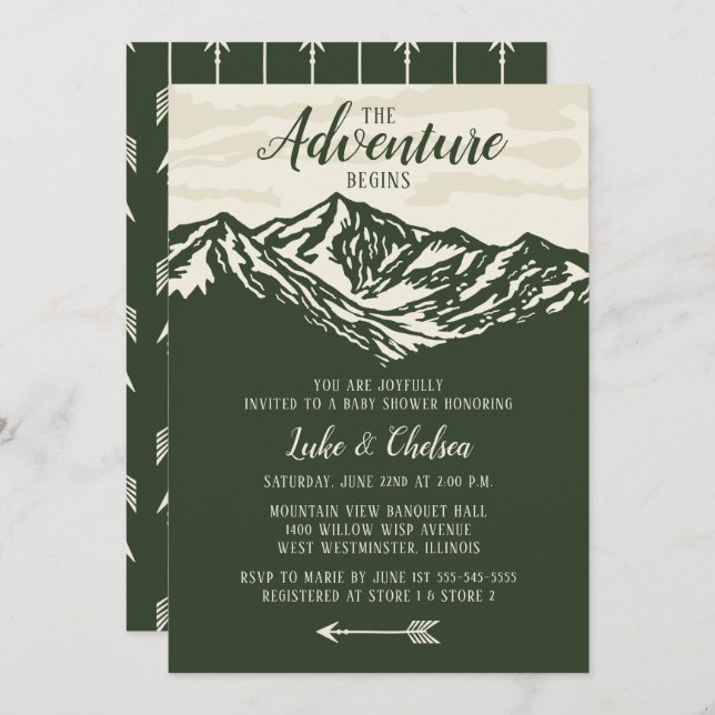 The Adventure Begins Mountain Rustic Baby Shower Invitation (Front/Back)