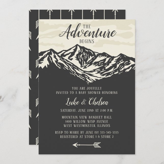 The Adventure Begins Mountain Rustic Baby Shower Invitation (Front/Back)