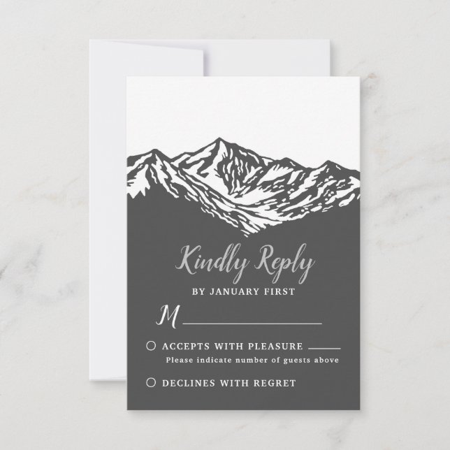 The Adventure Begins Mountain Wedding Grey RSVP Card (Front)