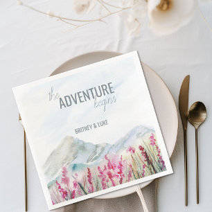 The Adventure Begins Mountain Wedding Watercolor Napkin