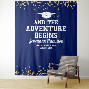 The Adventure Begins Navy Blue Grad Party Backdrop Tapestry