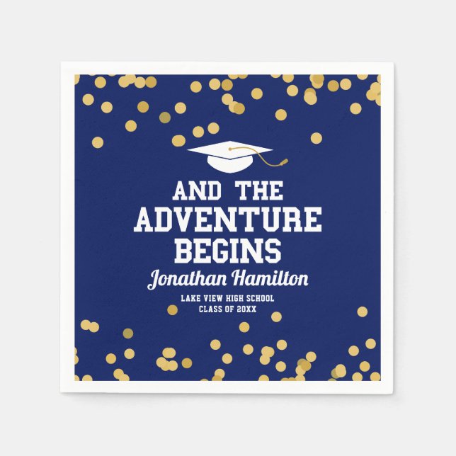 The Adventure Begins Navy Blue Grad Party Napkin (Front)