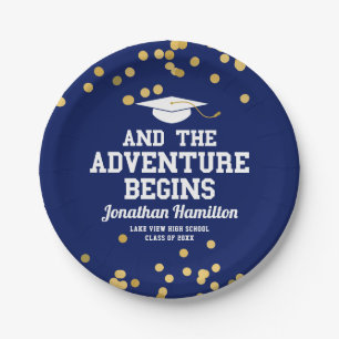 The Adventure Begins Navy Blue Grad Party Paper Plate