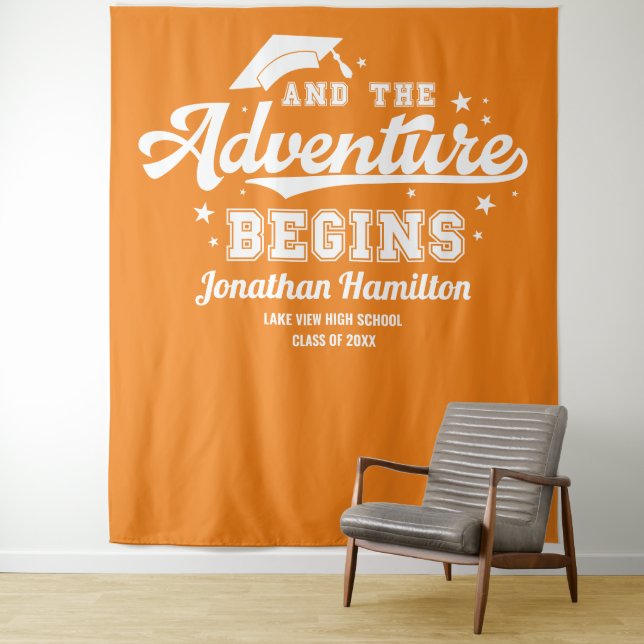 The Adventure Begins Orange Grad Party Backdrop Tapestry (In Situ)