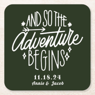 The Adventure Begins Save the Date Square Paper Coaster