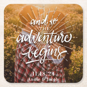 The Adventure Begins Save the Date Square Paper Coaster