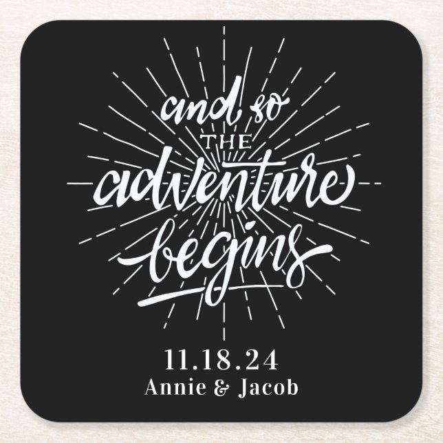 The Adventure Begins Save the Date Square Paper Coaster (Front)