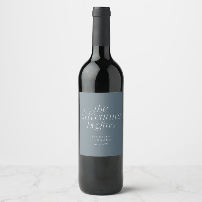 The Adventure Begins Slate Blue Wedding Wine Label (Front)