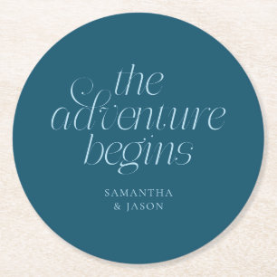 The Adventure Begins Teal Wedding Round Paper Coaster