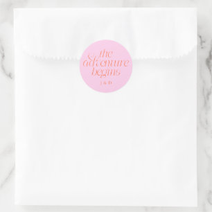 The Adventure Begins Wedding Orange Pink Classic Round Sticker