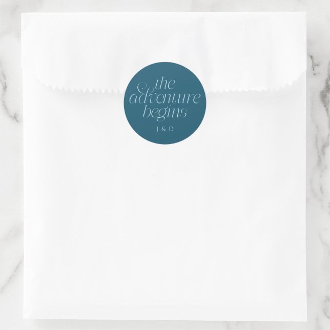 The Adventure Begins Wedding Teal Classic Round Sticker (Bag)