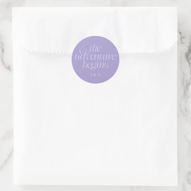 The Adventure Begins Wedding Violet Classic Round Sticker (Bag)