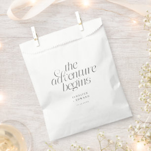 The Adventure Begins White Minimalist Wedding Favour Bag