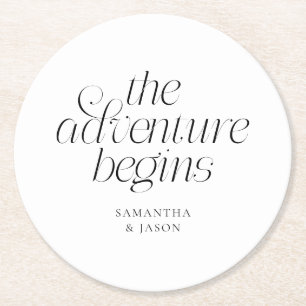 The Adventure Begins White Wedding Round Paper Coaster