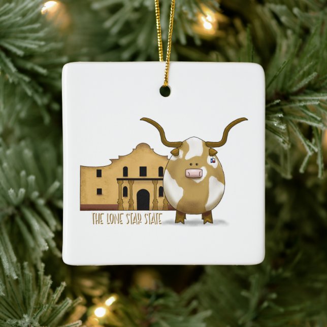 The Alamo And Longhorn, Personalise the Back Ceramic Ornament (Tree)