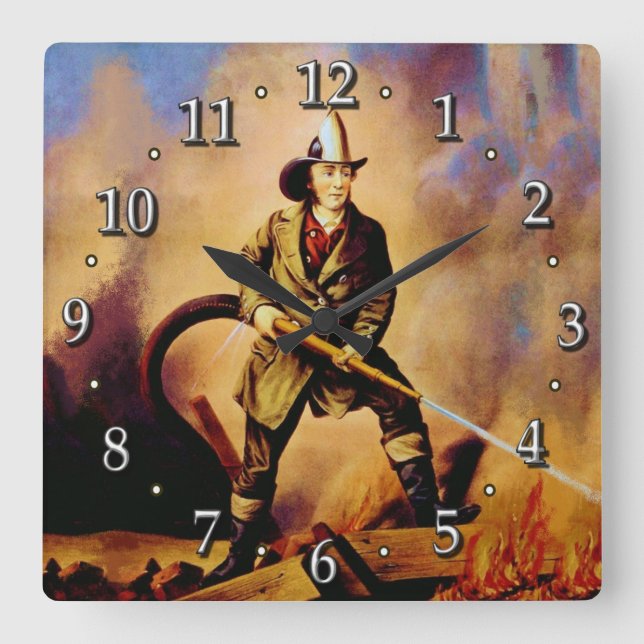 The American Fireman Victorian Firefighter Style 1 Square Wall Clock (Front)