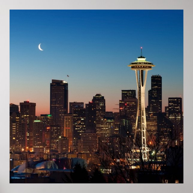 The American flag flies between the rising moon Poster (Front)