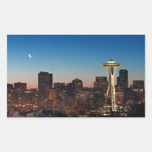The American flag flies between the rising moon Rectangular Sticker