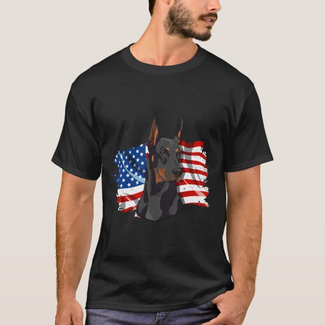 The American Flag With A Proud Patriotic Doberman  T-Shirt (Front)