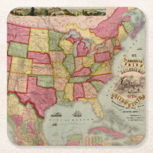 The American Union Railroad Map of the USA, 1872 Square Paper Coaster