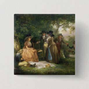 The Angler's Repast (oil on canvas) 15 Cm Square Badge