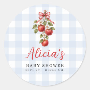 The apple of our eye boy baby shower blue gingham classic round sticker