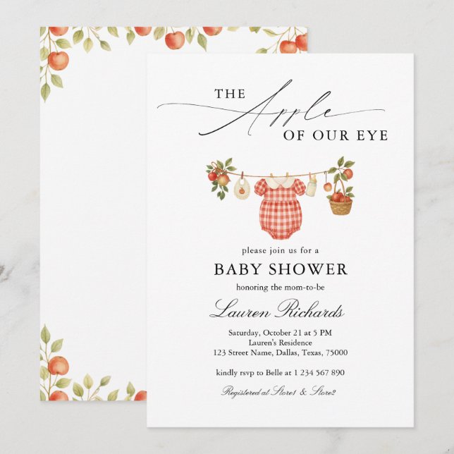 The Apple Of Our Eye Clothesline Plaid Baby Shower Invitation (Front/Back)