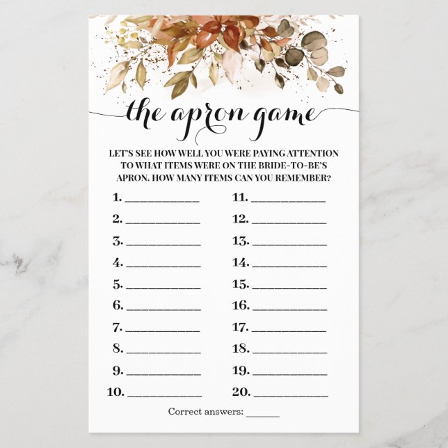 The Apron Autumn Fall Bridal Shower Game Card (Front)