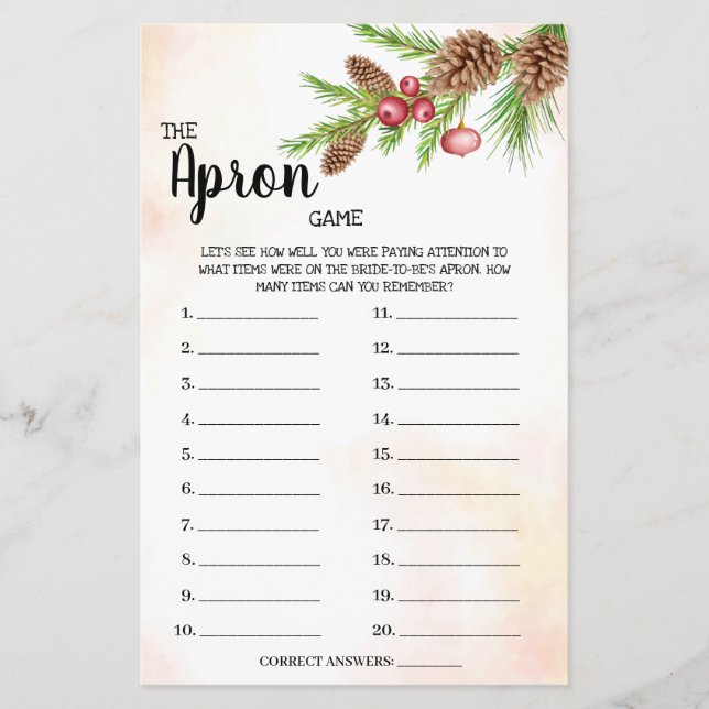 The Apron Game Christmas Bridal Shower Game Card (Front)