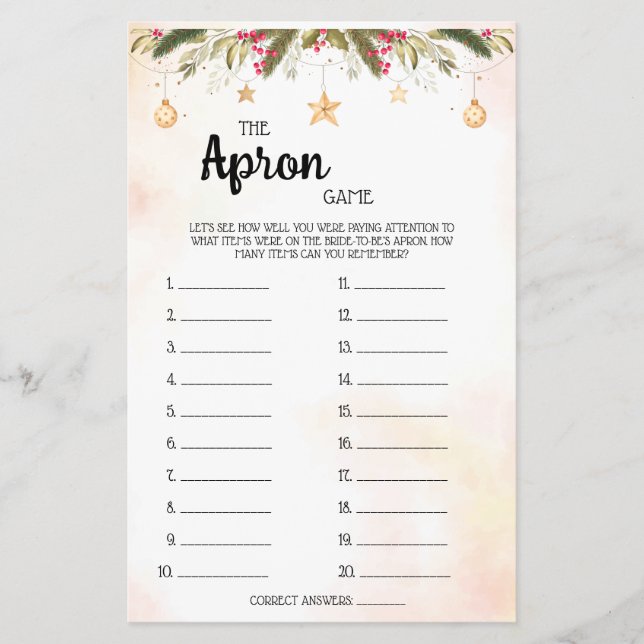 The Apron Game Christmas Bridal Shower Game Card F (Front)