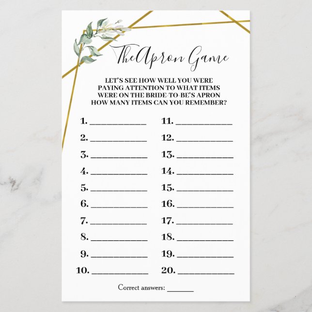 The Apron Game Greenery  Gold Shower Game Card (Front)