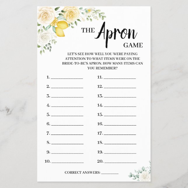 The Apron Game Lemon&Roses Bridal Shower Game Card (Front)