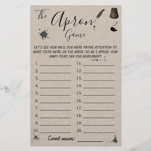 The Apron Game | Pen & Inkwell Shower Game Card (Front)