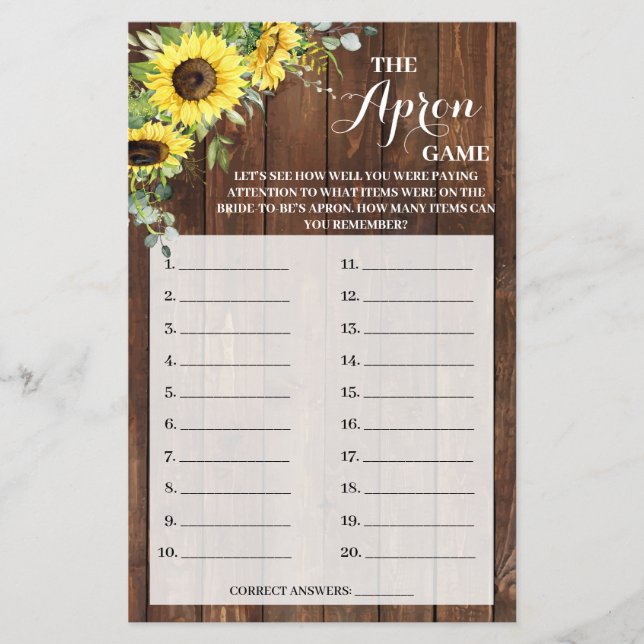 The Apron Game Sunflowers Bridal Shower Game Card (Front)