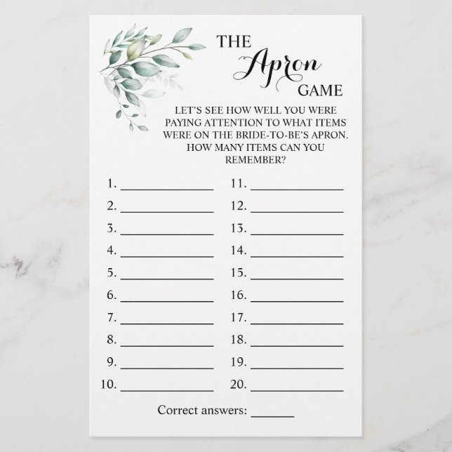 The Apron Shower Greenery Eucalyptus Game Card (Front)