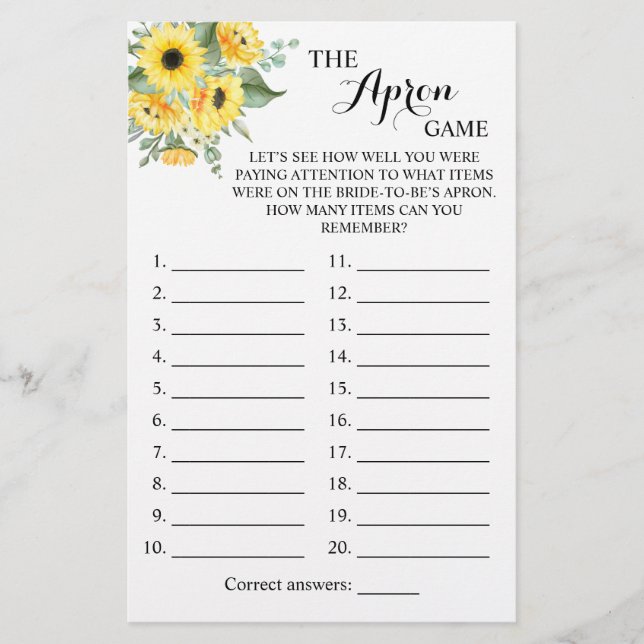 The Apron Shower Greenery Sunflower Game Card (Front)